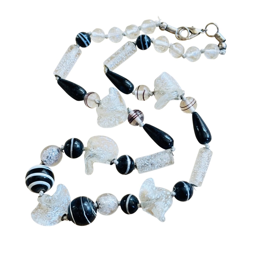 VTG‎ Necklace End Of Day Swirl Glass Beads White Black Venetian Murano Italy 28"